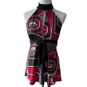 Red black grey metallic silver halter choker collar blouse iZ Byer California L